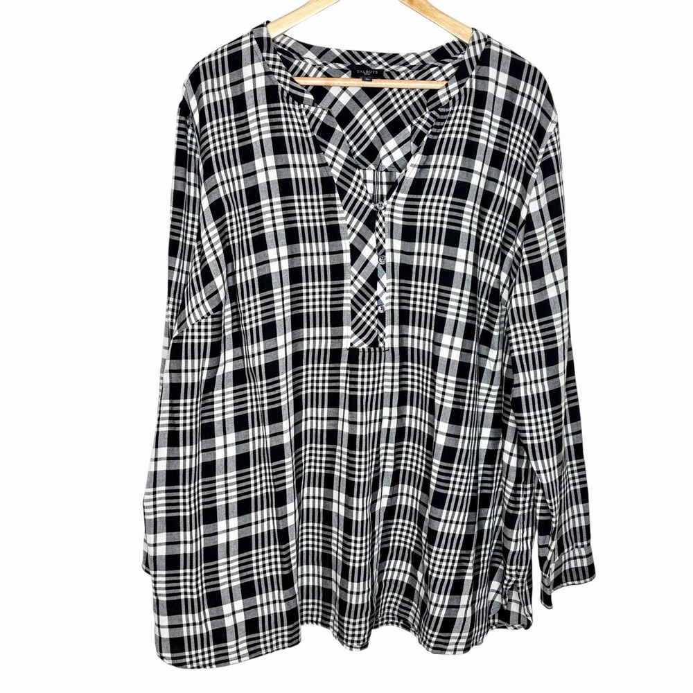 Talbots Plaid Long Sleeve Blouse Top Black White Womens Size 3X Popover Cotton